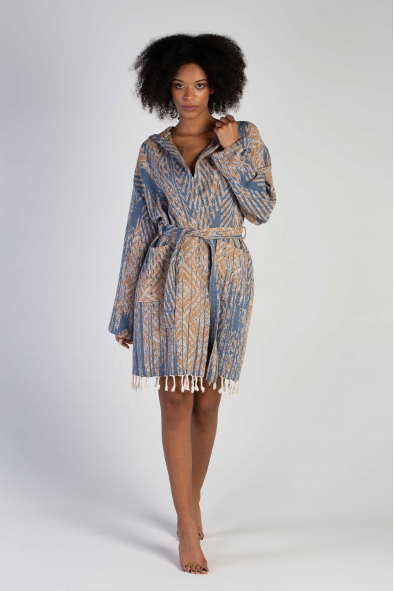 CHAPUTS Tonna Navy Blue & Caramel Bathrobe