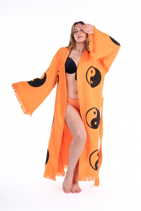 CHAPUTS Sarasvati Orange Wooden Printed Bathrobe